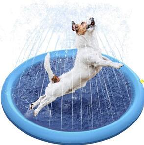 Dog playing in foldable sprinkler pool - pet cooling summer mat